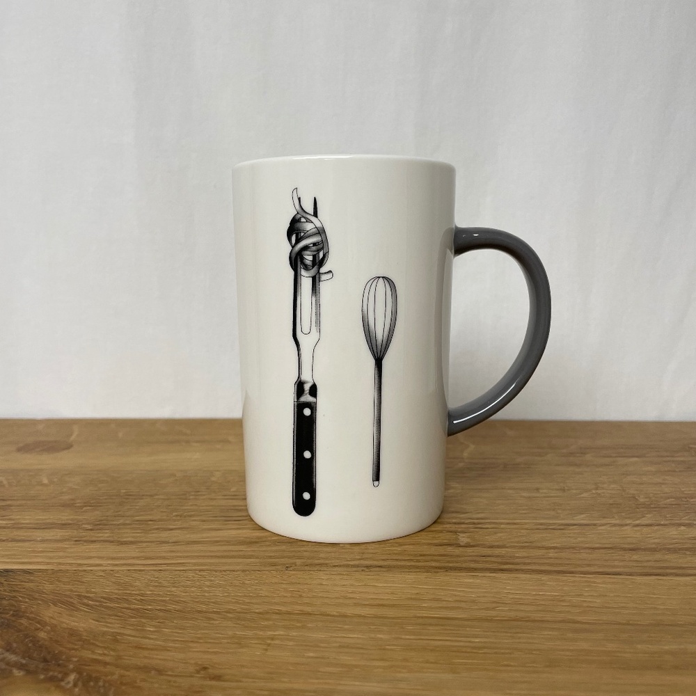 Babish Fork and Whisk Mug 15 Ounce Tall Fine Ceramic White